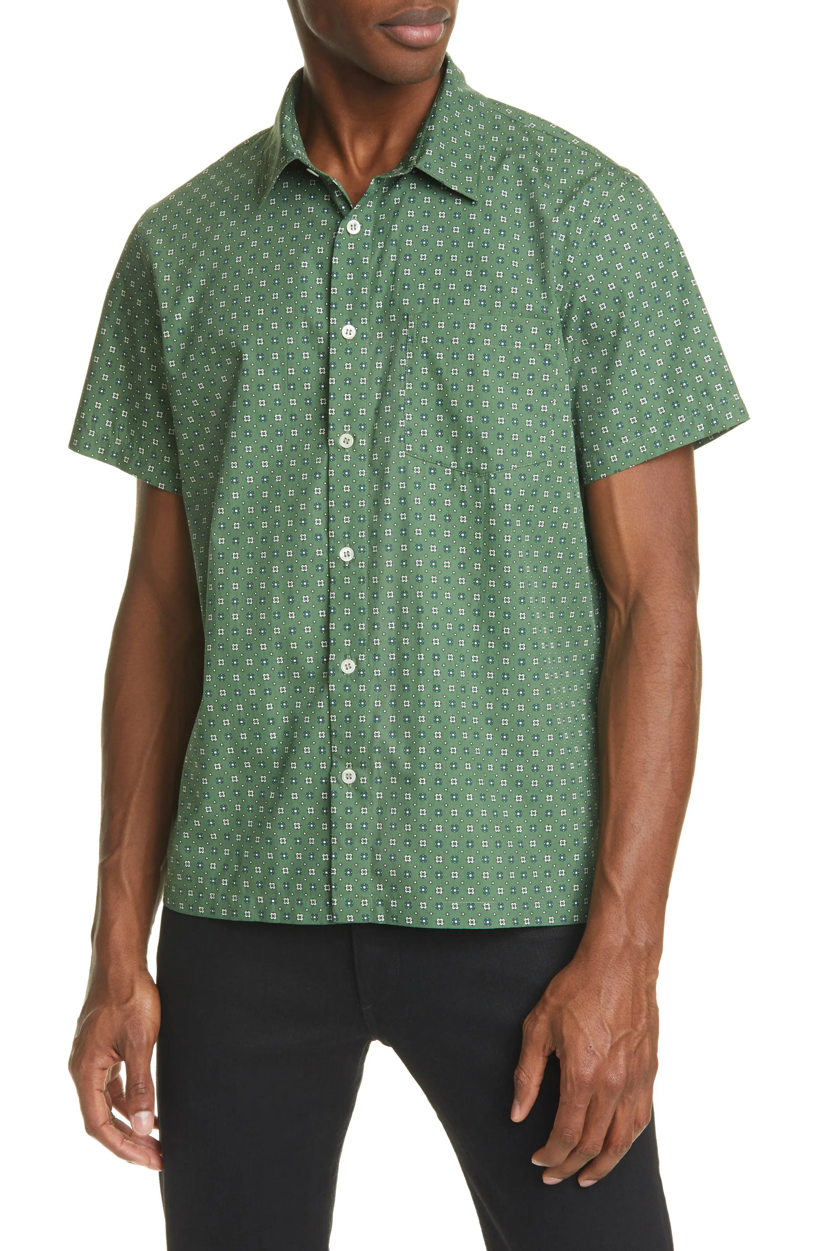 Men's A.p.c. Cippo Slim Fit Print Short Sleeve Button-Up Shirt, Size Medium - Green | Nordstrom