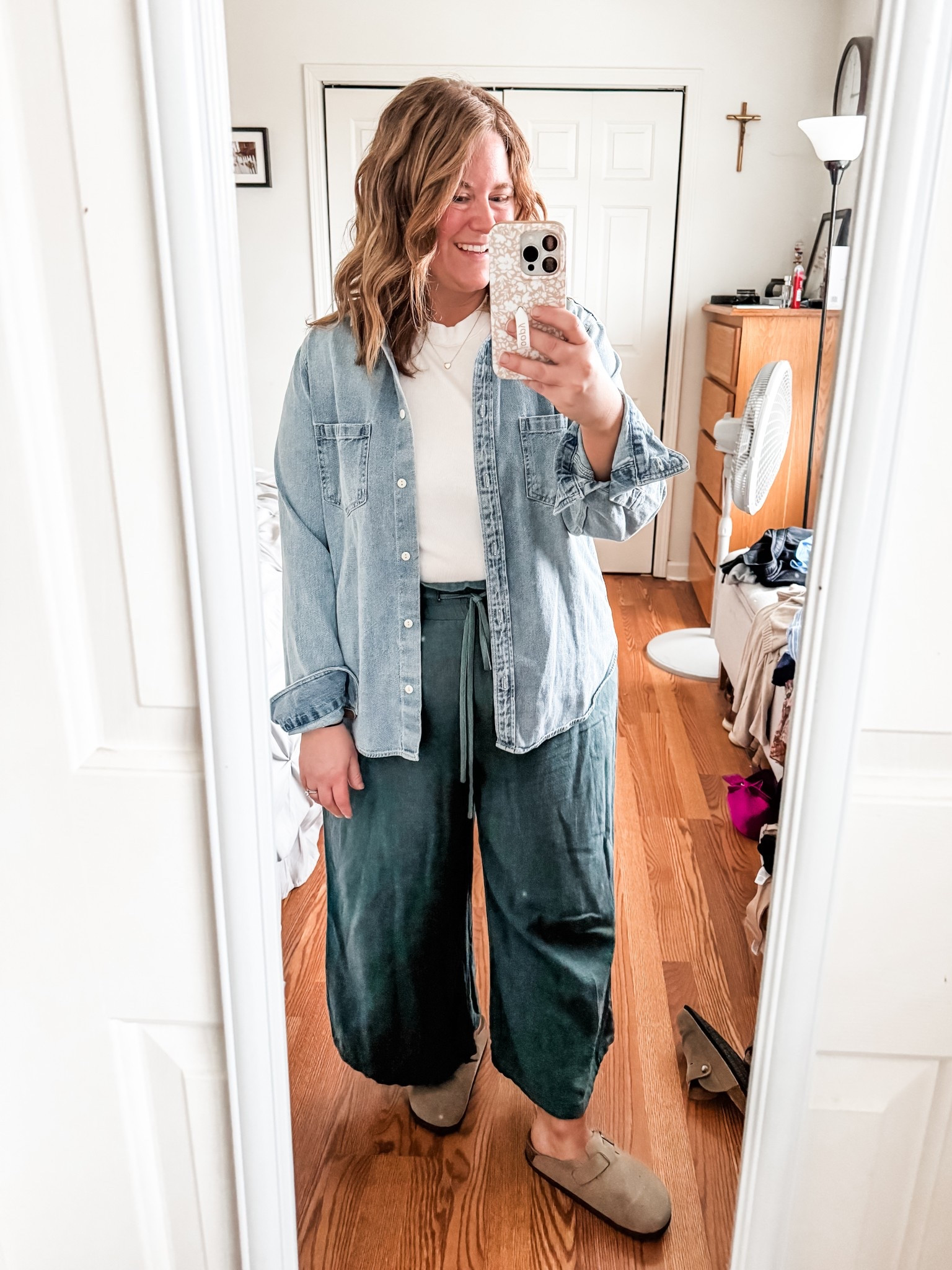 Linen pants & denim shirt and clogs

Pants are an XXL (size up!) 
Denim shirt is an xl
Tee is an xl 

#LTKMidsize #LTKFindsUnder50 #LTKPetite