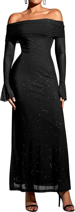 KUTUMAI Women Off Shoulder Bodycon Maxi Dress Long Sleeve Mesh Ruched Party Formal Wedding Guest ... | Amazon (US)