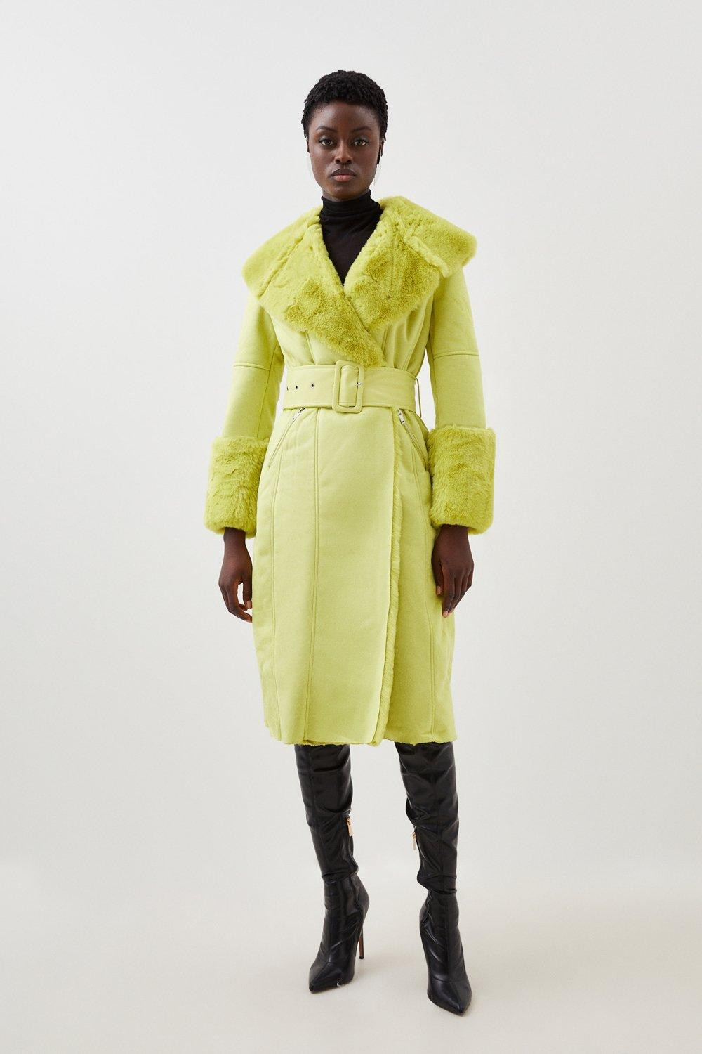 Faux Shearling Collar & Cuff Belted Long Coat | Karen Millen US