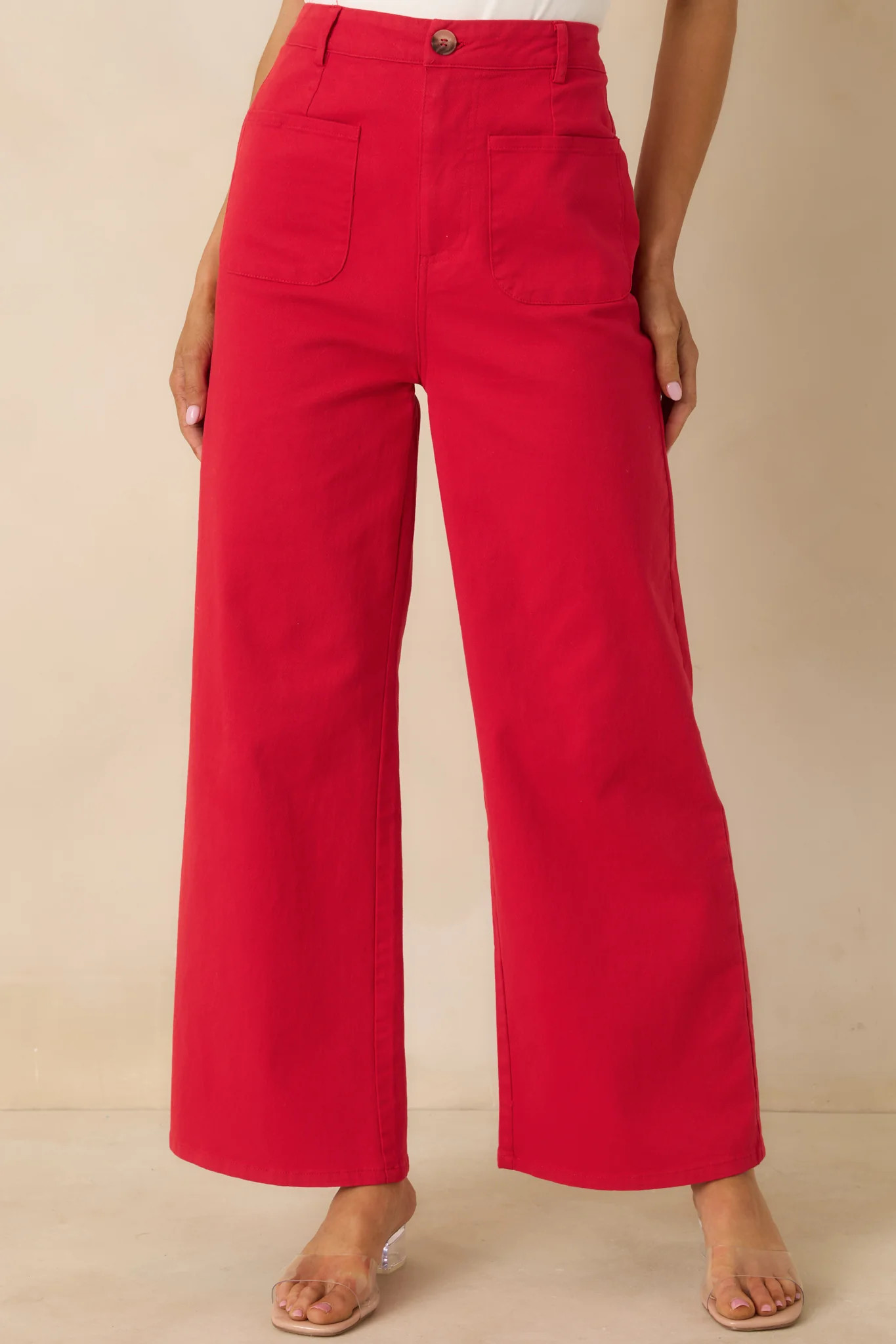 Quiet Confidence Red Cotton Patch Pocket Wide Leg Pants | Red Dress