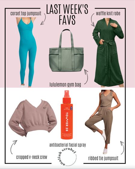 Last weeks items are staples in my closet! Jumpsuits make choosing an outfit so easy 🙌 You’ll be sure to get good use out of this waffle knit robe & cozy Nike crew 🥰 The Lululemon tote and Tower 28 spray are perfect for the gym! 

#LTKActive #LTKeurope #LTKstyletip