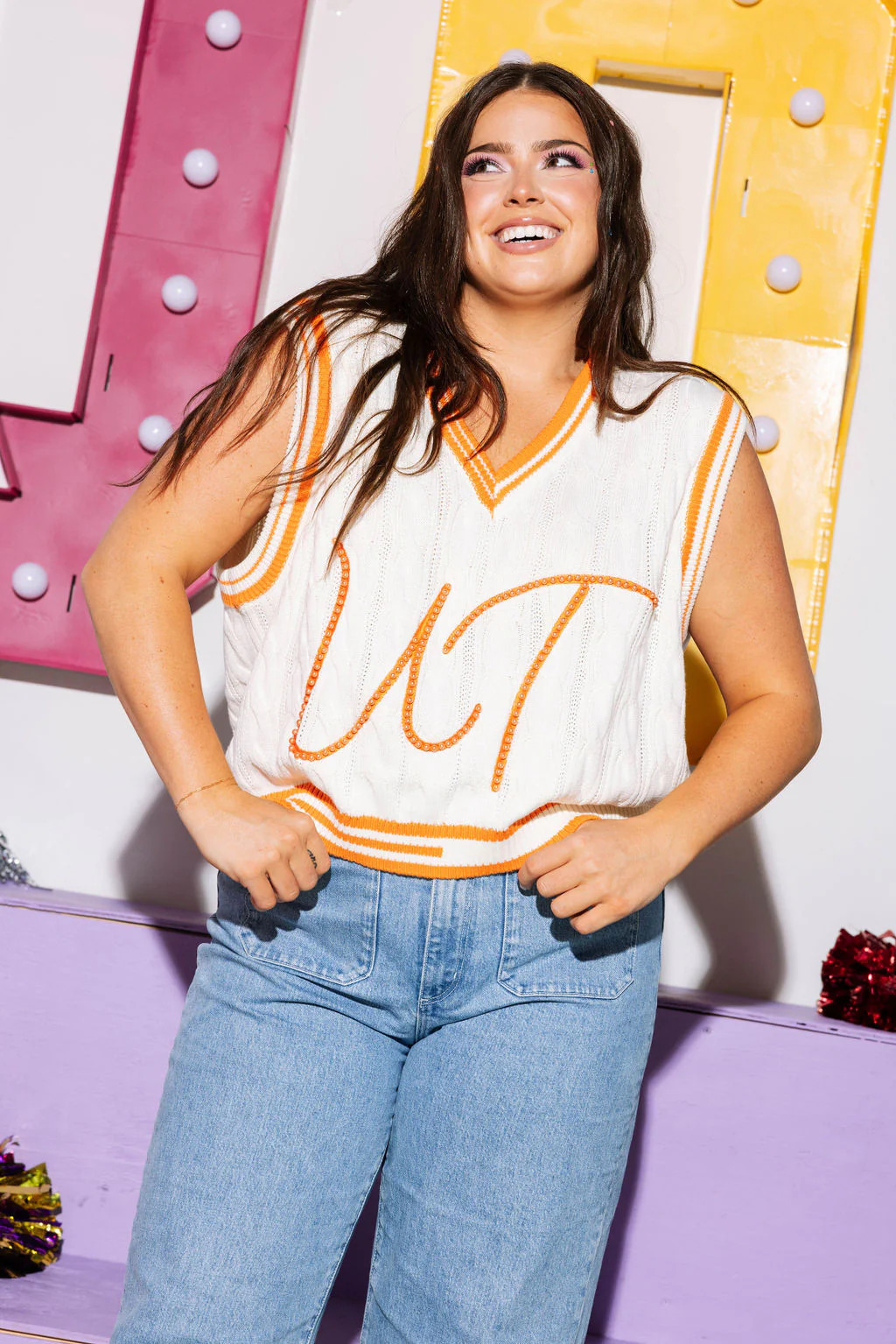 Licensed- White & Tennessee Orange Pearl 'UT' V Neck Sweater Vest | Queen of Sparkles