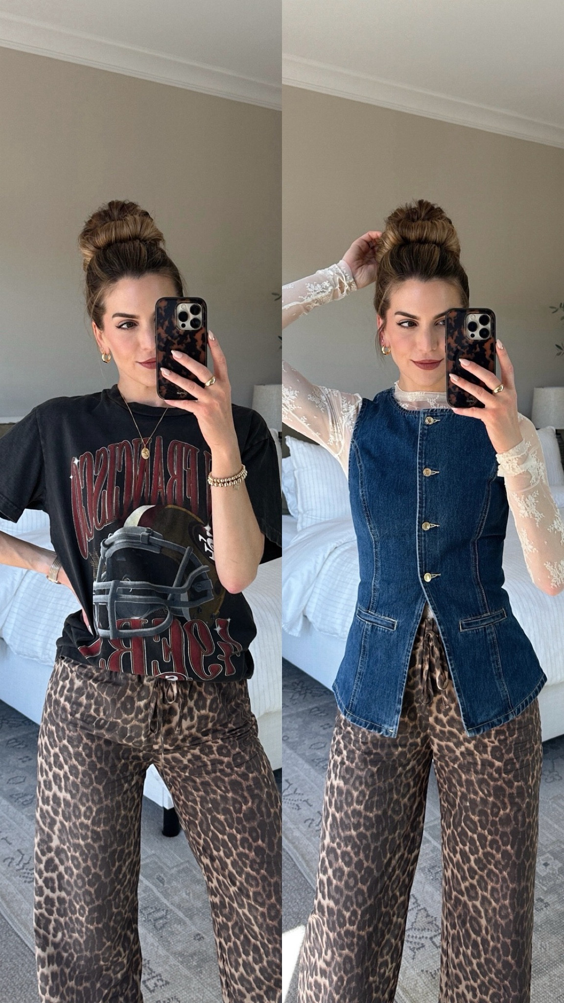 Leopard pants are back in stock - sizes xs & small. Denim top has been restocked in all sizes! For reference, I’m 5’7” and wear size small in both items.

#LTKSeasonal