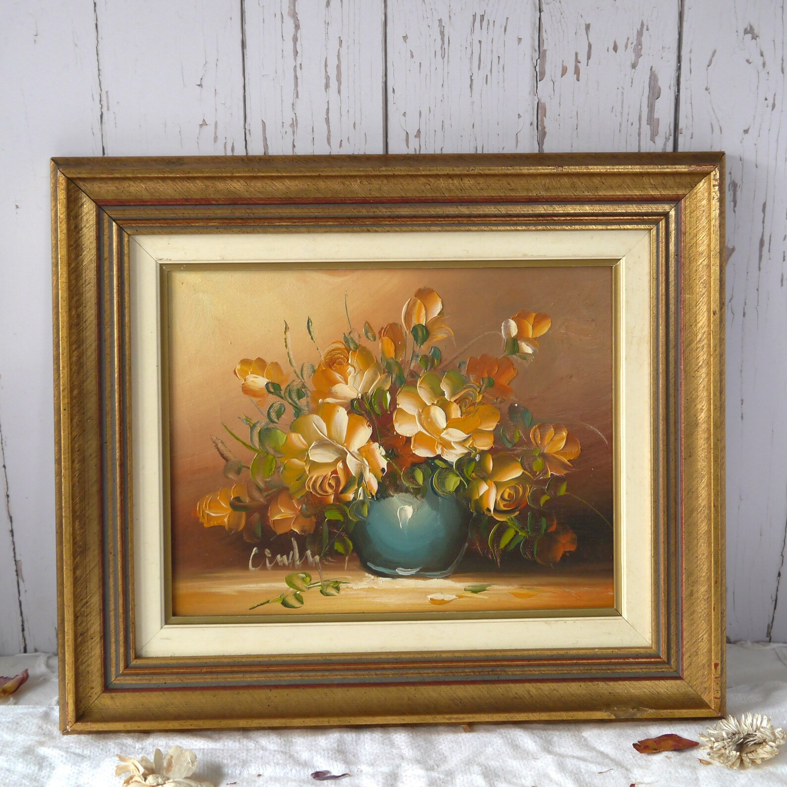 Vintage Orange Roses Oil Painting Signed | Etsy (US)