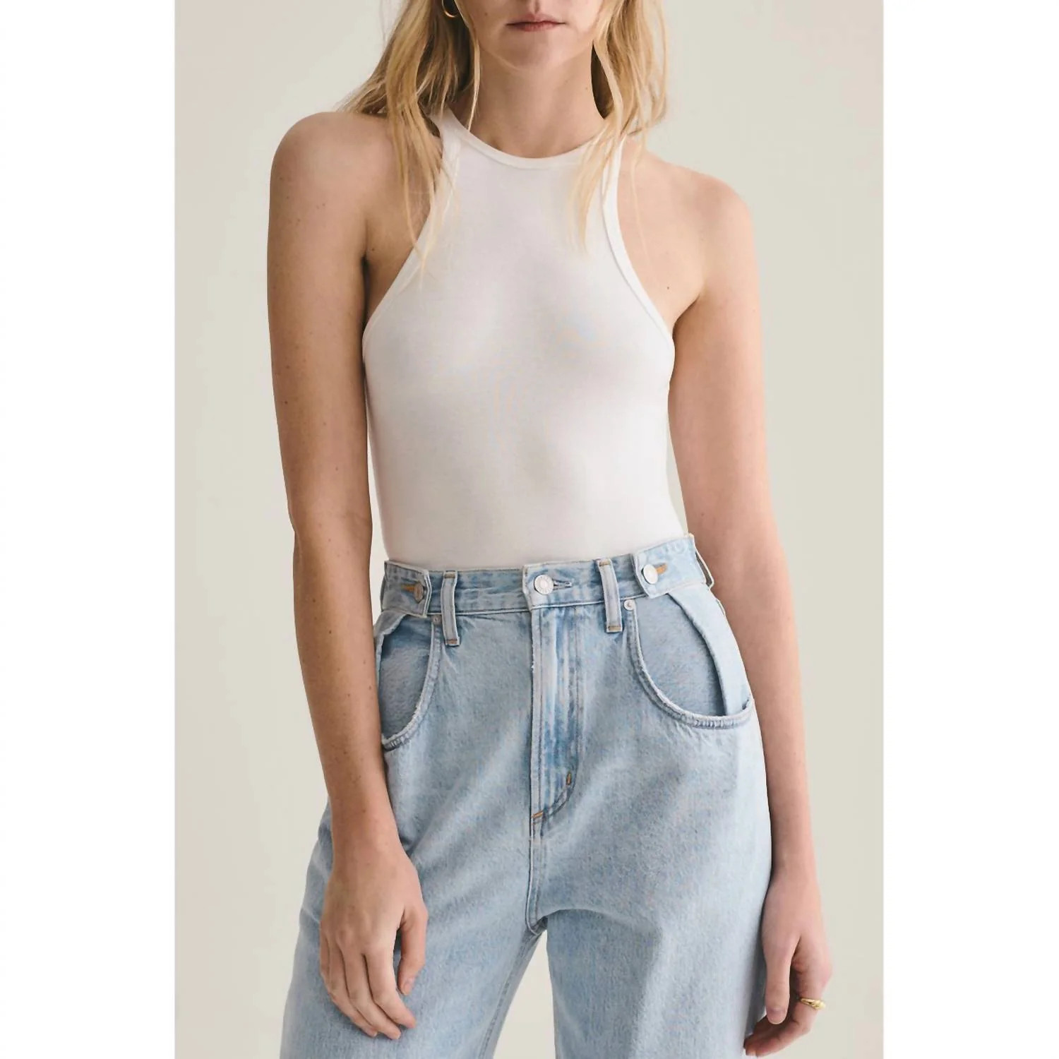Rianne High Neck Racerback Bodysuit In White | Shop Simon