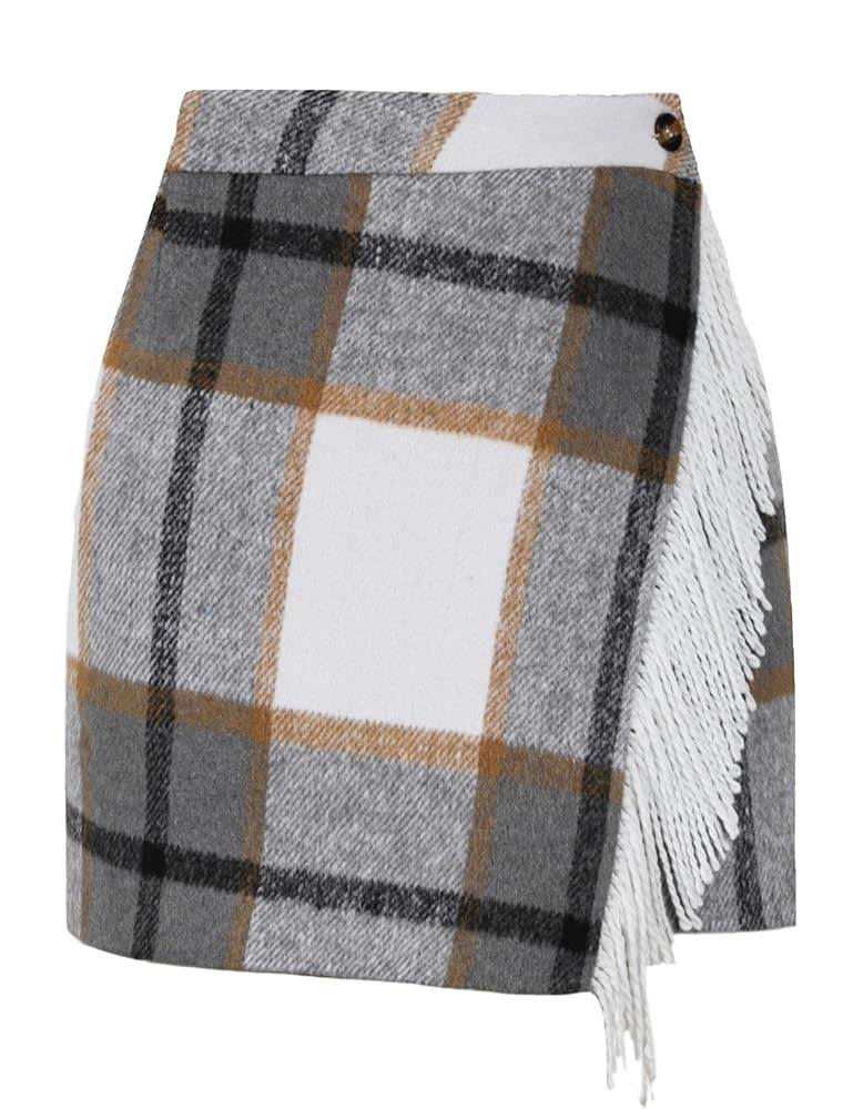 Tanming Plaid Skirts for Women High Waist Bodycon Pencil Fringe Mini Skirts Fall Winter Wool Wrap... | Amazon (US)