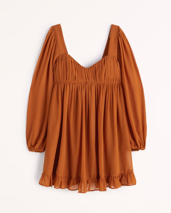 Long-Sleeve Ruched Babydoll Mini Dress | Abercrombie & Fitch (US)