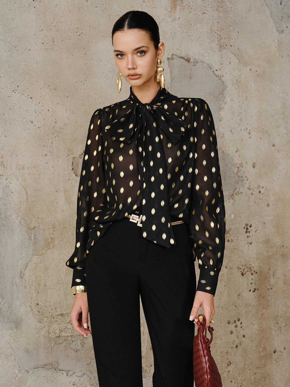 Polka Dot Bow Neckline Semi-Sheer Blouse | Commense