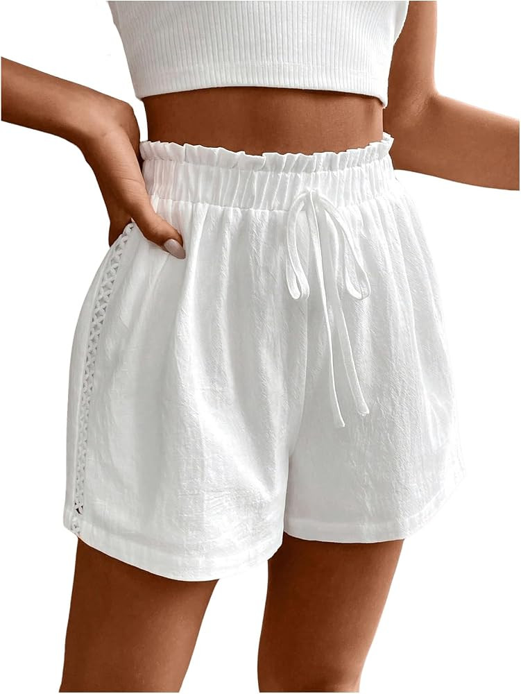 MakeMeChic Women's Elastic Waist Tie Front Shorts Frill Trim Straight Leg Summer Shorts | Amazon (US)