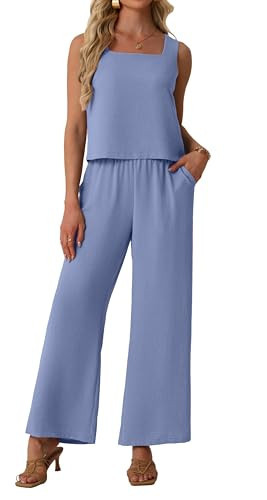 Lepunuo Summer 2 Piece Outfits for Women Sleeveless Square Neck Tank Crop Top Wide Leg Pants Matching Travel Vacation Outfits | Amazon (US)