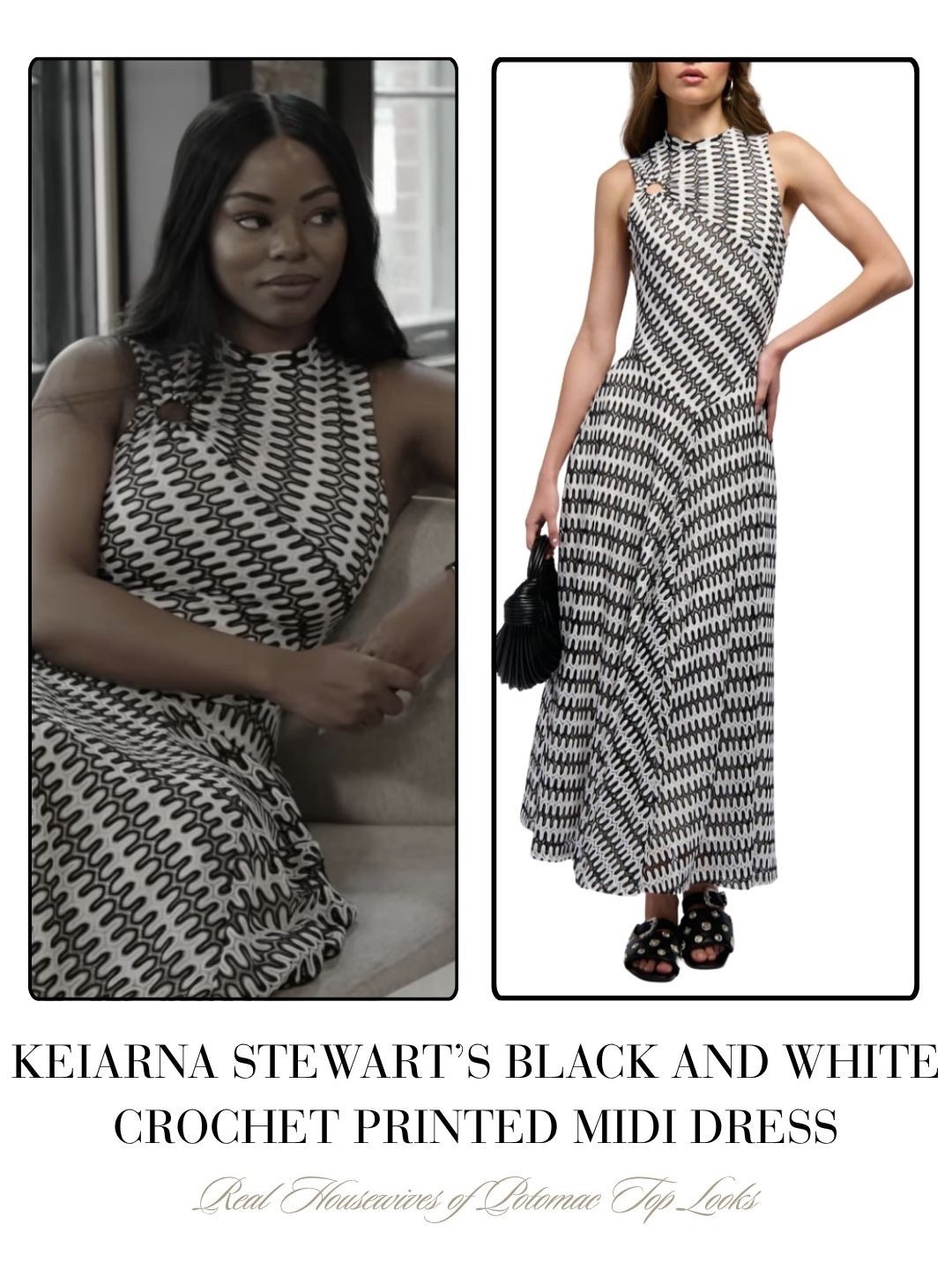 Keiarna Stewart’s Black and White Crochet Printed Midi Dress