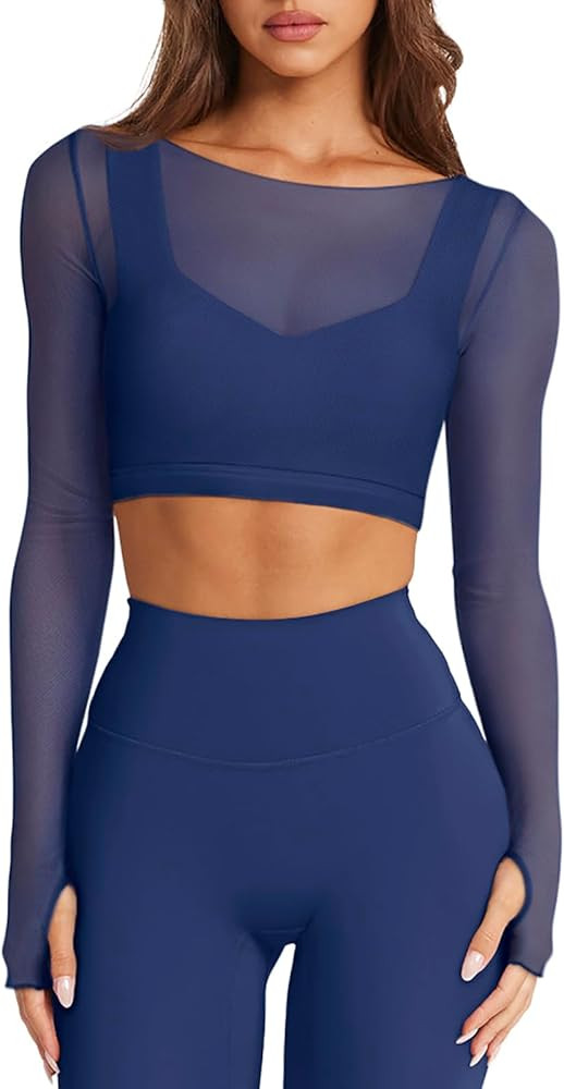 LASLULU Mesh Long Sleeve Crop Tops for Women Double Lined Workout Athletic Gym Shirts Cropped Top... | Amazon (US)