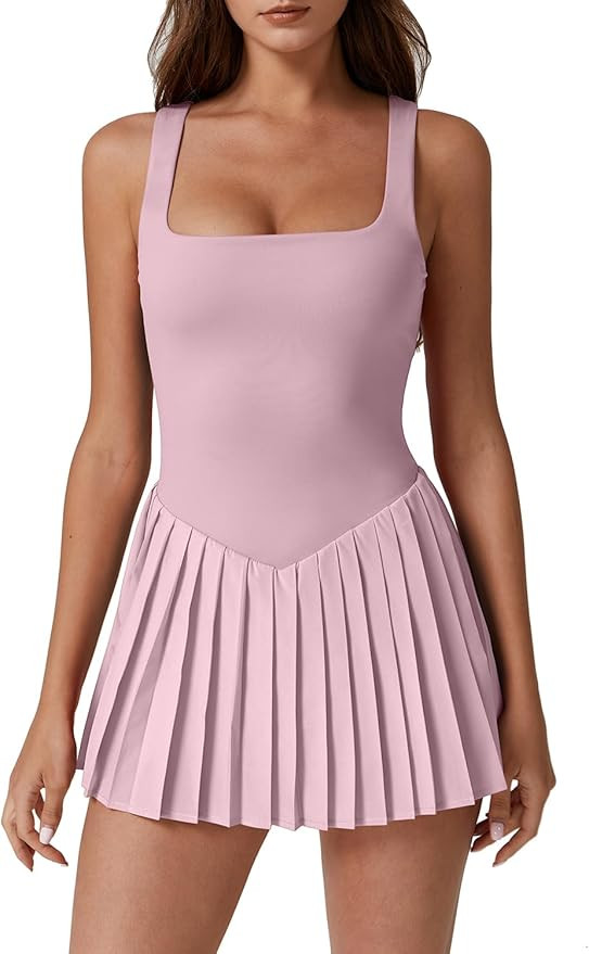 QINSEN Womens Square Neck Tennis Dress Pleated Sleeveless Built in Shorts Golf Athletic Dress wit... | Amazon (US)