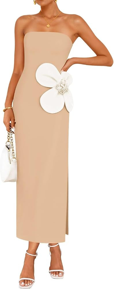 ZESICA Women's Summer Strapless Bodycon Maxi Dress 2025 Ribbed Knit Backless Floral Tube Cocktail... | Amazon (US)