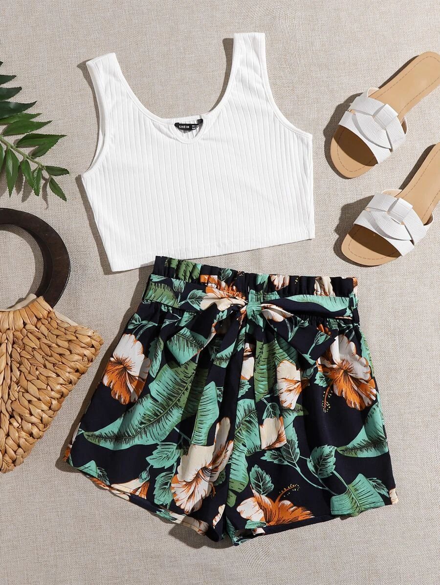 SHEIN Rib-knit Crop Tank Top & Paperbag Waist Belted Tropical Print Shorts Set | SHEIN
