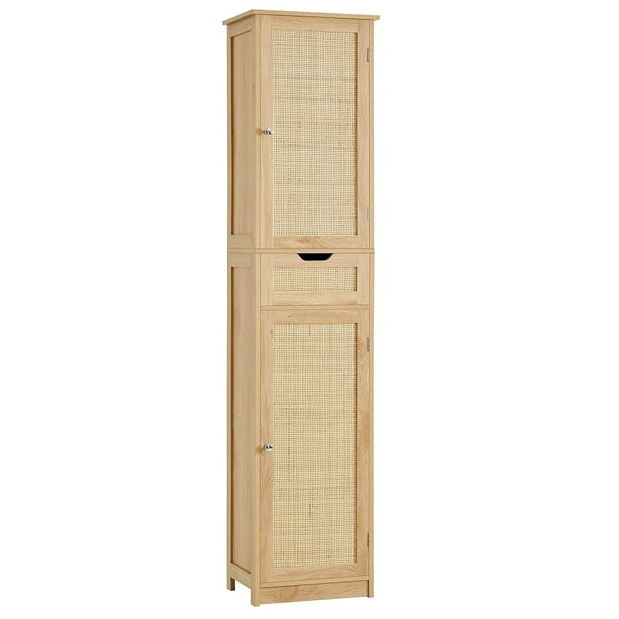Iwell Tall Narrow Storage Cabinet with Doors, Rattan Cabinet with Adjustable Shelves, Freestandin... | Amazon (US)