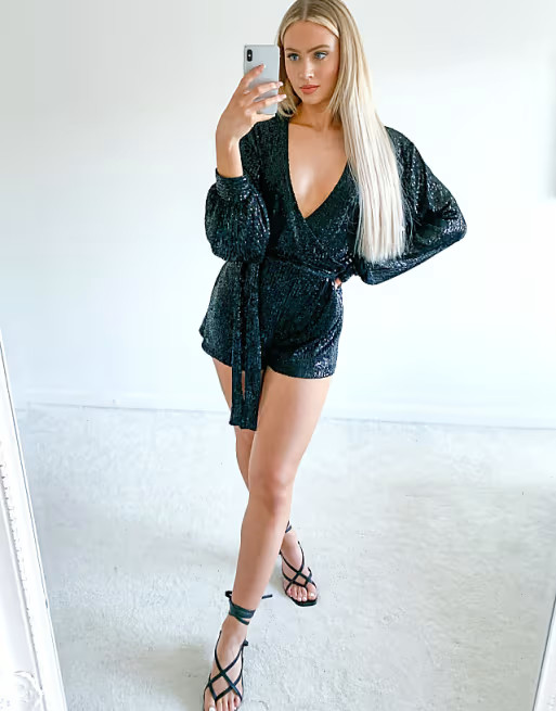 Saint Genies balloon sleeve sequin romper in black | ASOS | ASOS (Global)