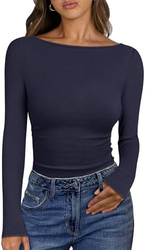 ANRABESS Women's Boat Neck Long Sleeve Shirts Rib Knit Slim Fitting Tops Basic Tees 2026 Casual C... | Amazon (US)
