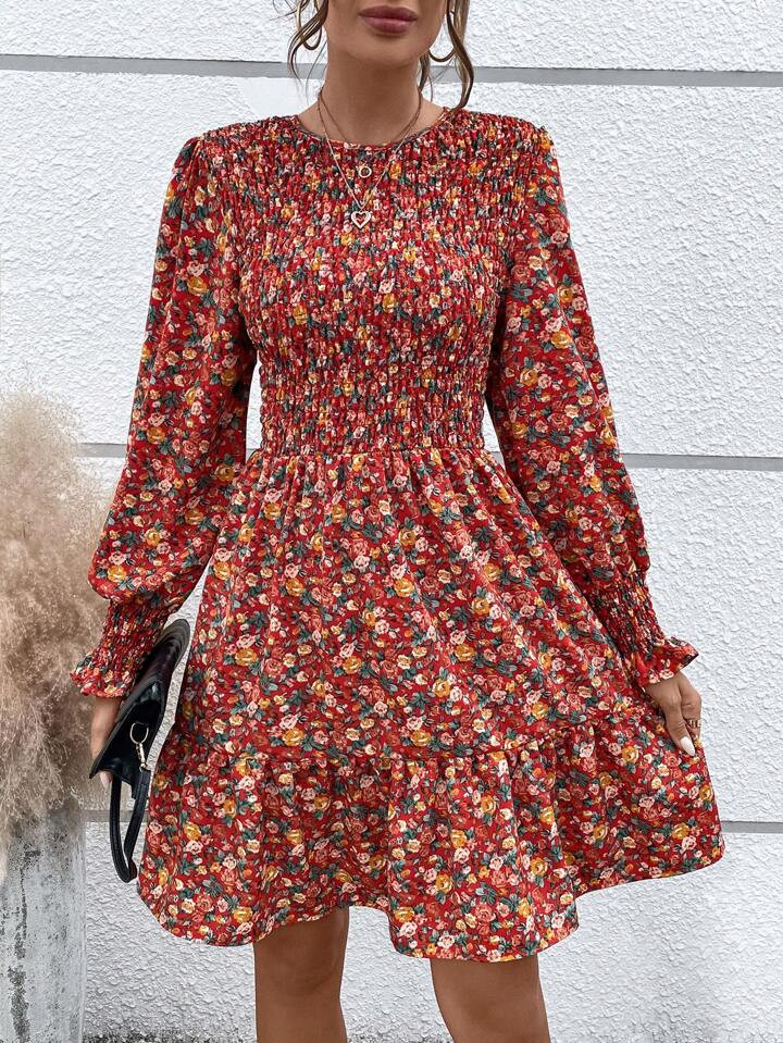 SHEIN VCAY Ditsy Floral Print Flounce Sleeve Ruffle Hem Dress | SHEIN