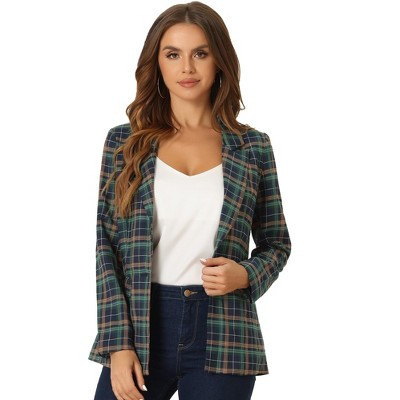 INSPIRE CHIC Women's Notched Lapel One Button Boyfriend Plaid Suit Blazer Green Blue X-Small | Target
