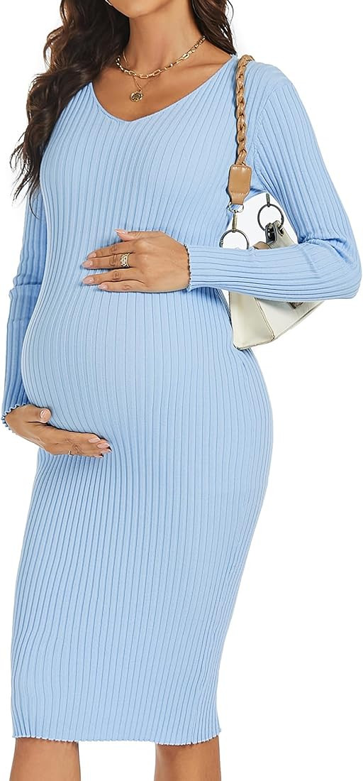 Maternity Dress Long Sleeve V Neck Knit Stretchable Sweater Dresses Pregnancy Clothes for Photosh... | Amazon (US)
