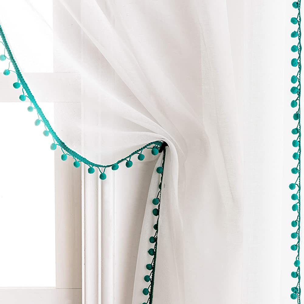 MISS SELECTEX Linen Look Pom Pom Tasseled Sheer Curtains - Rod Pocket Voile Semi-Sheer Curtains f... | Amazon (US)