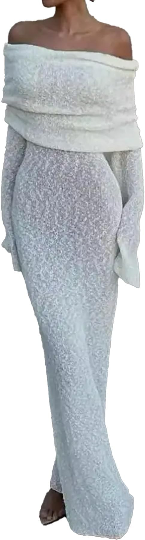 Unybwonn Sexy Off Shoulder Crochet Maxi Dress for Women Bodycon Stretchy Mesh Knit Dress Long Sle... | Amazon (US)