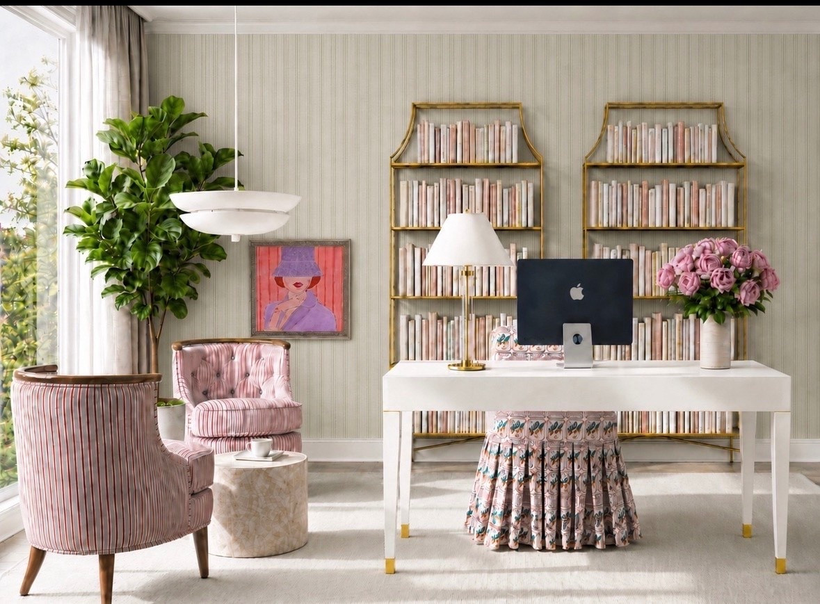 A beautifully designed home office can make the middle of the workweek feel so much more inspiring. ✨

This modern classic workspace balances function with personality—a clean white writing desk, playful patterned skirted chair, and two brass étagères create a polished foundation, while striped accent chairs form an inviting spot for reading or taking a break.

Soft striped wallpaper, tailored drapery, colorful artwork, layered lighting, and lush greenery bring warmth and dimension to the room, making it feel productive, comfortable, and beautifully collected.

Shop the desk, office chair, brass étagères, accent chairs, table lamp, pendant, artwork, wallpaper, drapery, and office décor.

#LTKHome #LTKdayinmylife #LTKSaleAlert #HomeOffice #OfficeDecor #HomeOfficeDecor #OfficeDesign #WorkspaceInspiration #ModernHomeOffice #ModernClassic #WritingDesk #DeskChair #SkirtedChair #BrassEtagere #AccentChair #ReadingCorner #TableLamp #PendantLighting #WallArt #Wallpaper #Drapery #BiophilicDesign

#LTKdayinmylife #LTKHome #LTKSaleAlert