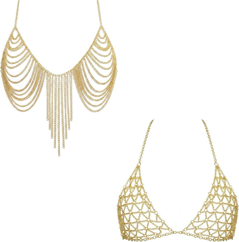 2-Piece Women\u2019s Body Chain Top \u2013 Layered Gold Chain Bra Set with Adjustable Length, Rav... | Amazon (US)