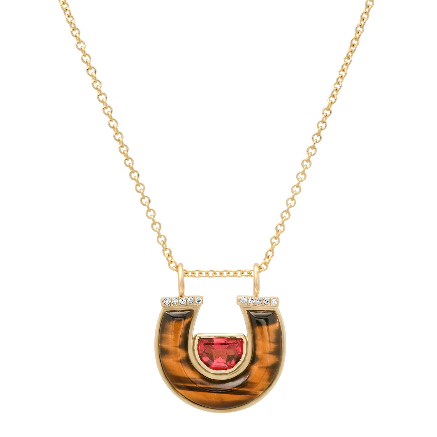 14K YG Garnet, Tiger's Eye and Diamond Horseshoe Necklace | Shop.com