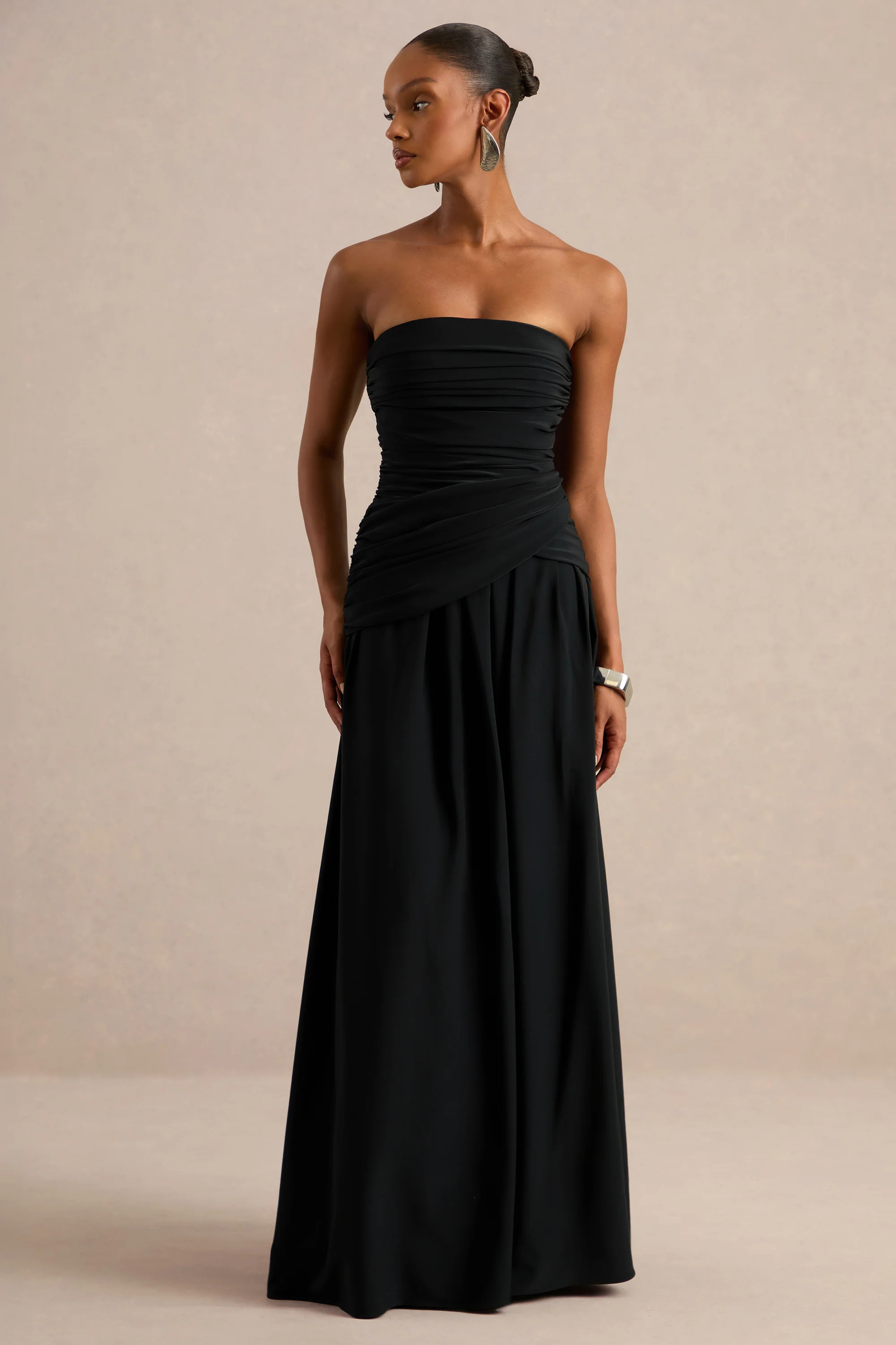 Alvilda | Black Satin Maxi Dress With Draped Detailing | Club L London