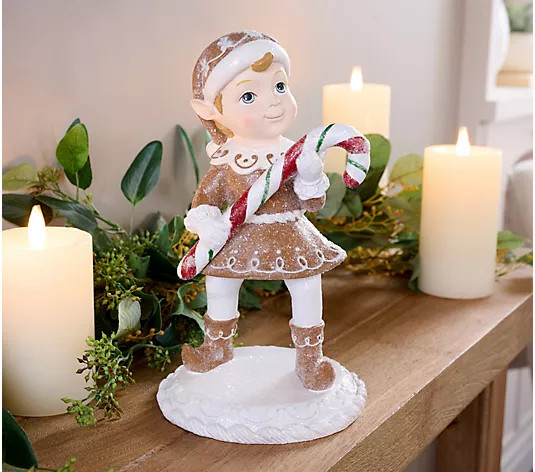 10" Gingerbread Lace Elf with Candy Cane by Valerie - QVC.com | QVC