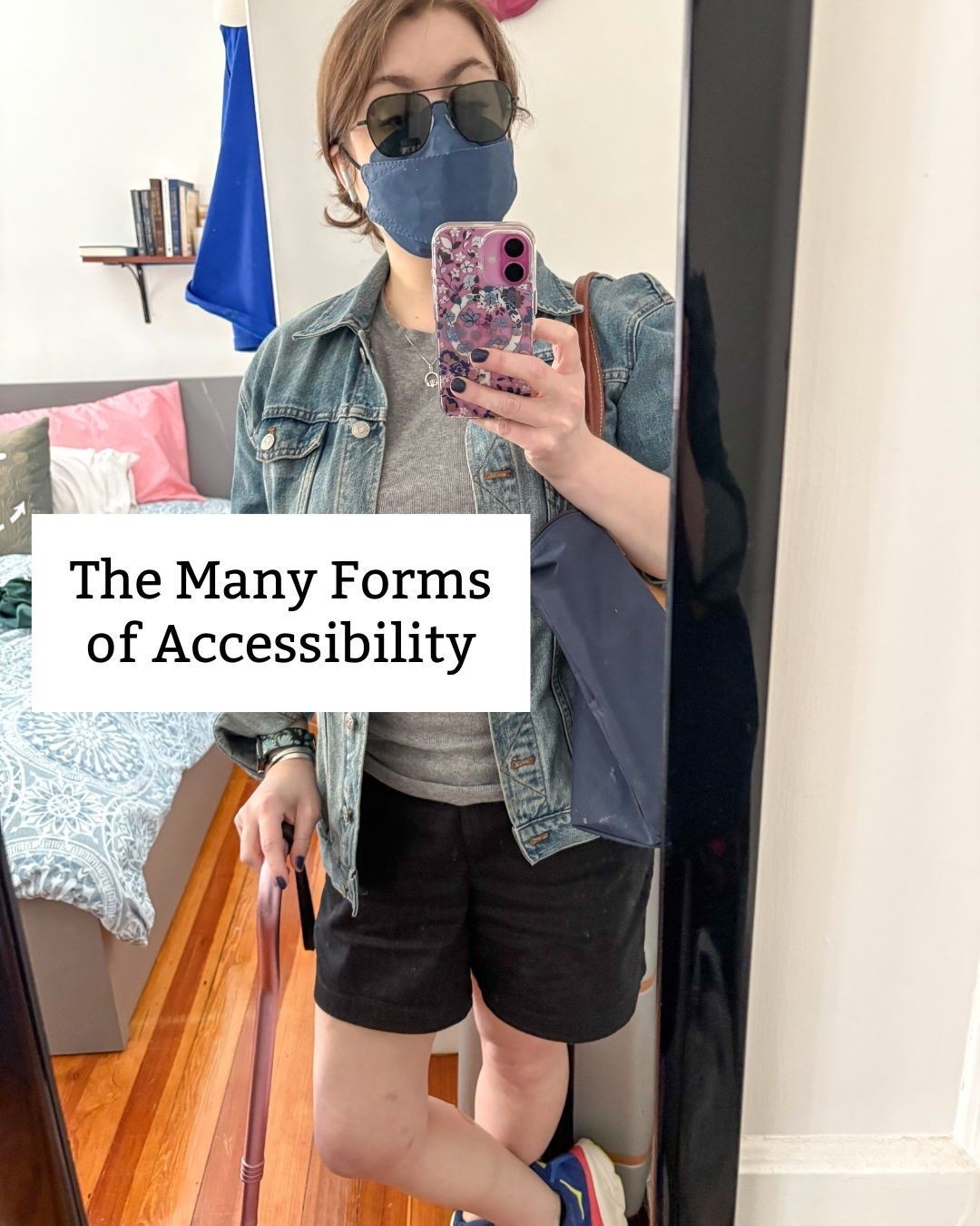 Accessibility takes many forms - it's not just having automatic doors and an elevator. ⁣
⁣
In this photo, I'm using a cane. That's an obvious form of accessibility. But there are 2 other ones immediately visible: my sunglasses and my mask. ⁣
⁣
My sunglasses are prescription because I don't wear contacts. Yes, prescription glasses are a form of accessible. ⁣
⁣
Wearing a mask makes the world much more accessible for me. Since I'm on 5 immunosuppressants, I need to be able to wear a mask when I leave the house. ⁣
⁣
Something else you might not notice unless you read my captions is that I include alt text for every single one of my Instagram posts (and images on my blog!). This is for people using screen readers and people with varying levels of sight. ⁣
⁣
The thing is that accessibility is not one-size-fits-all. There are some things that are the clearest forms of accessibility, but it's so much bigger. Accessibility is not raising disabled people higher than abled people; it's getting us to the same level that abled people are already at. ⁣
⁣
⬛⁣⁣⁣
⁣
I’m Kate, a chronic illness patient and advocate sharing what my life is like with 10+ chronic illnesses. Follow me for more and check out my blog at katethealmostgreat.com⁣⁣⁣⁣⁣⁣⁣⁣⁣⁣⁣⁣⁣.⁣⁣⁣⁣⁣⁣⁣⁣⁣⁣
⁣
⬛⁣⁣
⁣
ID: Kate takes a mirror selfie. A white text box reads "The Many Forms of Accessibility." Kate is a brunette white woman wearing black shorts, a gray t-shirt, jean jacket, blue mask, and black sunglasses. She's holding a cane. ⁣
⁣
#DisabledAndCute #Disability #Accessibility #ChronicIllness #ChronicPain