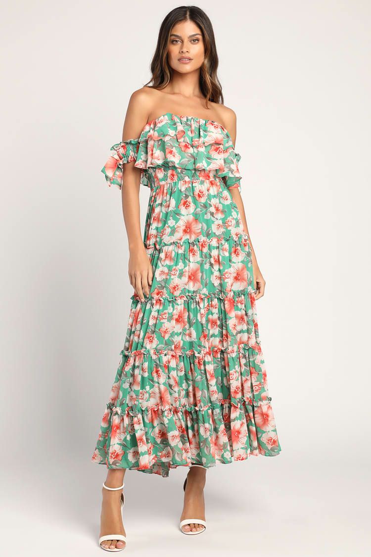 Chance For Us Green Floral Off-the-Shoulder Ruffled Maxi Dress | Lulus (US)