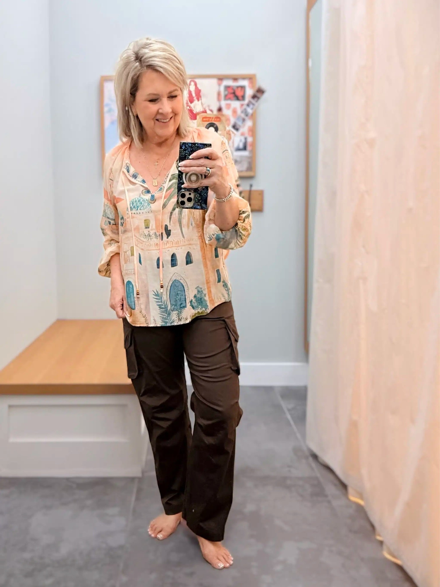 I styled this blouse with a pair of casual barrel jeans, but love it with these cargo pants too. My pants are easy to style with a basic top, but loved them with this printed blouse too. Top is a size medium and pants are size 8.

#LTKWorkwear #LTKOver40 #LTKootd