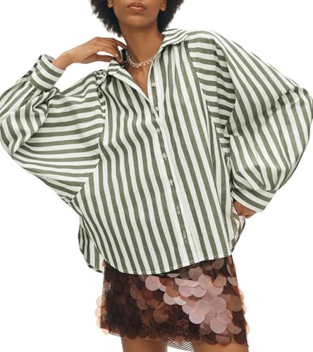Oversized Button Down Shirts for Women Striped Batwing Long Sleeve Blouses Boyfriend Collared Tops Green | Amazon (US)