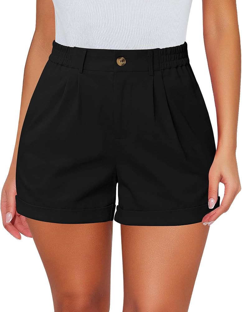 luvamia Shorts for Women High Waisted Dressy Casual Cotton Stretch Twill Elastic Wasit Pleated Su... | Amazon (US)