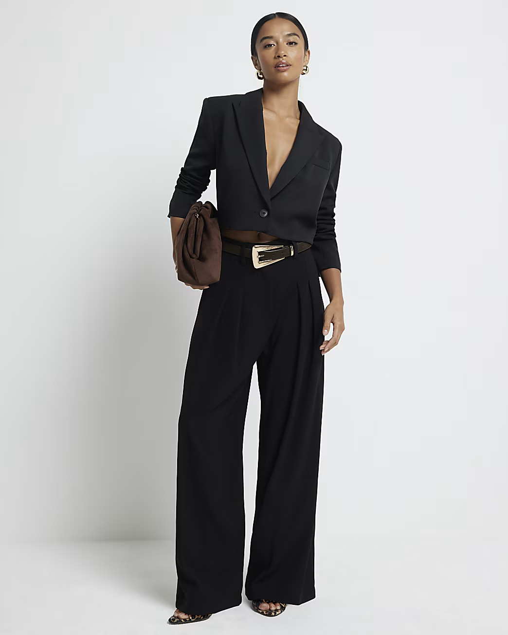 Petite black pleated wide leg trousers | River Island (UK & IE)
