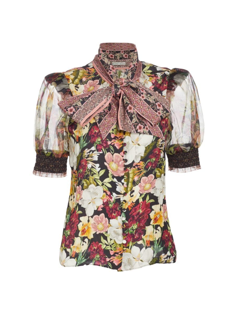 Brently Floral Tie-Neck Puff-Sleeve Top | Saks Fifth Avenue
