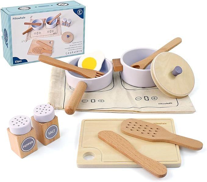 Pillowhale Wooden Toy Pots and Pans Cookware Playset for Kids Kitchen,Toddler Cooking Set,Pretend... | Amazon (US)