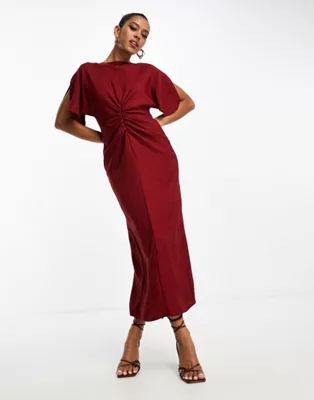 ASOS DESIGN flutter sleeve midi dress with ruching detail in red | ASOS (Global)