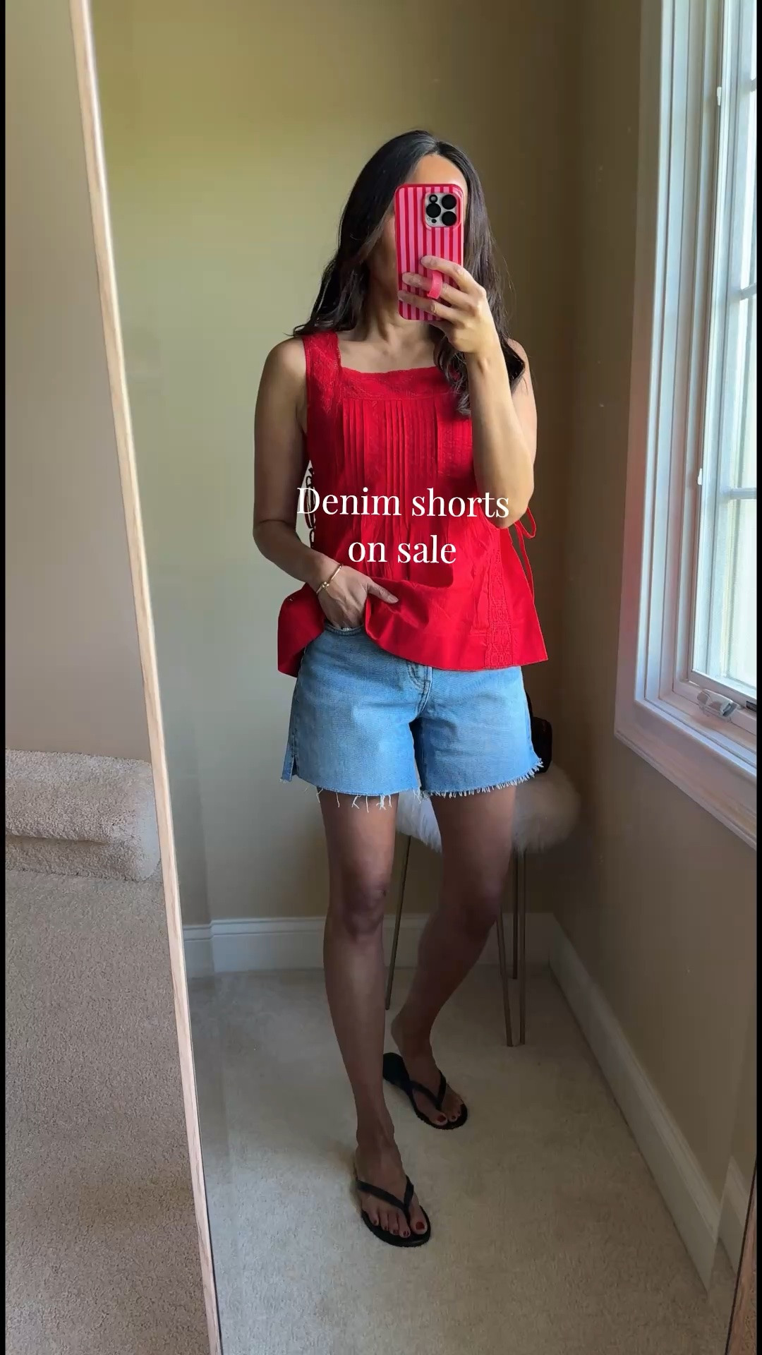 Denim shorts on sale for around $44. I sized up. Back hem is a bit longer than front. Good light medium wash. Soft cotton denim material. 
Tank top in all cotton with pretty details. True to size here; slightly big. 
Black leather thong sandals. I stayed true to size, but may prefer a size up. 
Code ahintofglameveryday to save @Loopy Cases  I always get asked about this fun colored phone case.

#LTKootd #LTKOver40