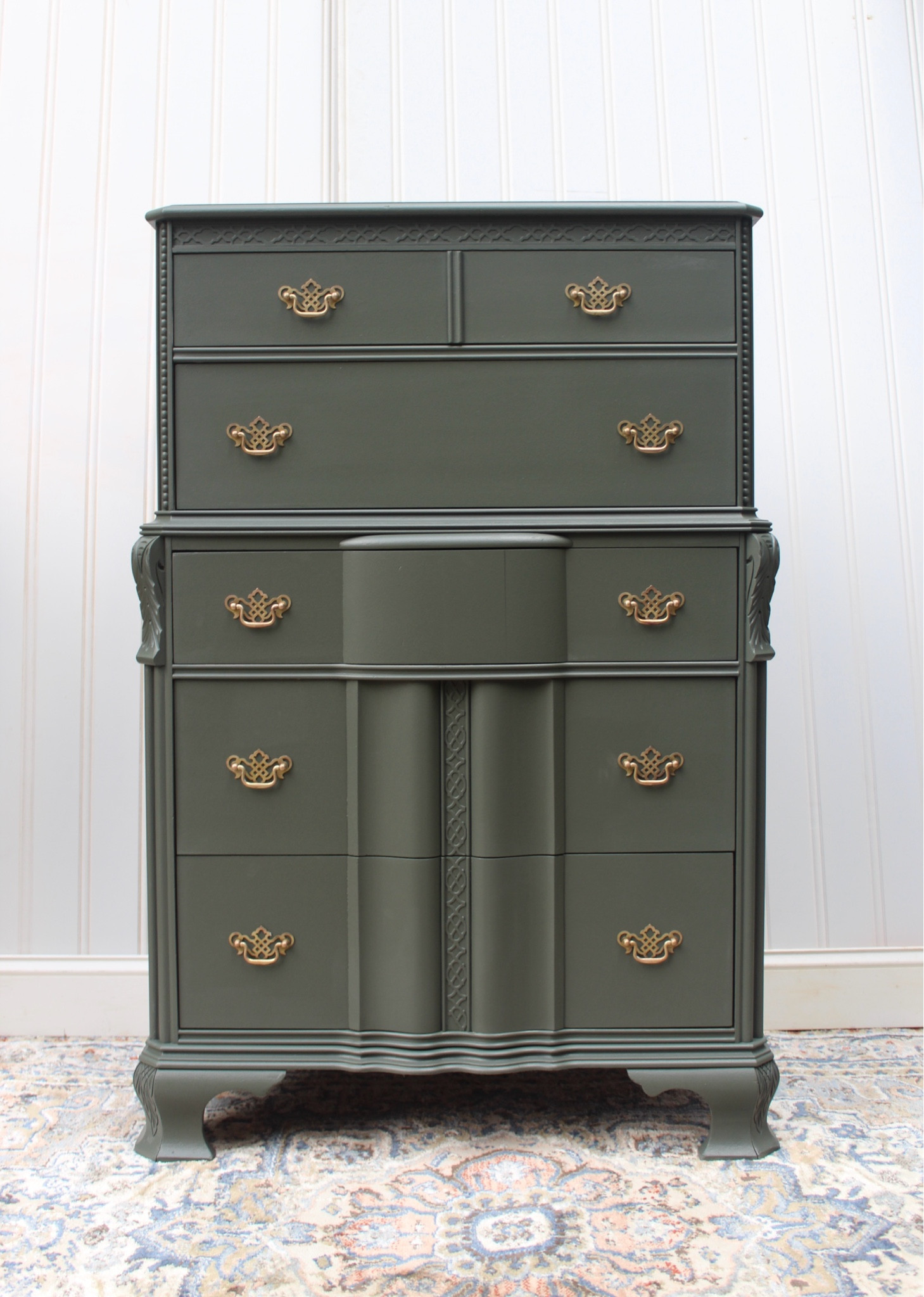 Refinished this classic dresser in Everett by Fusion Mineral Paint, preserving its original hardware to maintain a touch of vintage charm. The deep, earthy green perfectly complements the ornate brass handles, giving the piece a fresh yet timeless look.

#LTKHome