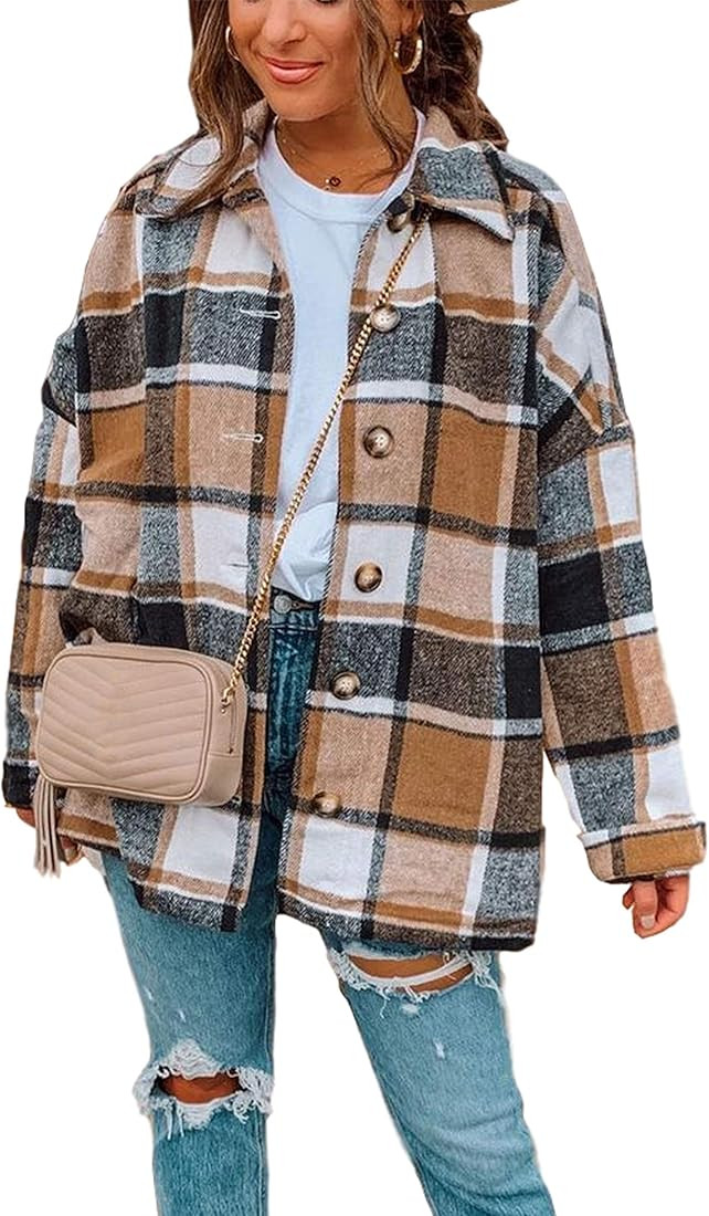 Qiaomai Womens Fall Shacket Jacket Plaid Flannel Wool Blend Button Down Shirt Coats | Amazon (US)