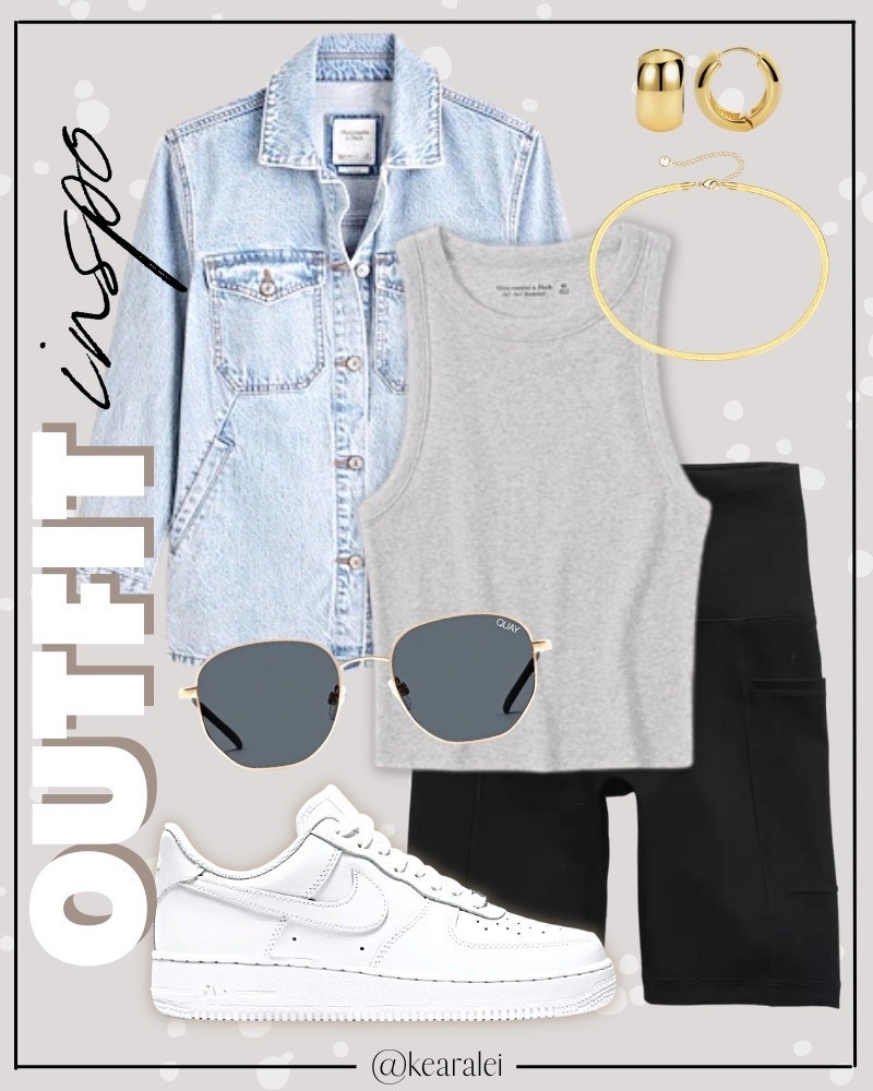 Summer outfits 2026 fall outfits casual outfit sporty grey gray tank top T-shirt shirt with oversized denim jacket shacket light wash trucker jean jacket black bike shorts biker shorts white Nike Air Force 1s AF1s shoes sneakers casual outfit || Abercrombie & fitch aerie American Eagle Nordstrom target Amazon #outfit #spring #summer #boho #midsize #mom #abercrombie #nike #sporty
.
.
.
teacher outfits, Hailey Bieber looks street style business casual, casual outfits, neutrals, street style, Midi skirt, Maxi Dress, Swimsuit, Bikini, Travel, skinny Jeans, Puffer Jackets, Concert Outfits, Cocktail Dresses, Sweater dress, Sweaters, cardigans Fleece Pullovers, hoodies, button-downs, Oversized Sweatshirts, Jeans, High Waisted Leggings, dresses, joggers, fall Fashion, winter fashion, leather jacket, Sherpa jackets, Deals, shacket, Plaid Shirt Jackets, apple watch bands, lounge set, Date Night Outfits, Vacation outfits, Mom jeans, shorts, sunglasses, Disney outfits, Romper, jumpsuit, Airport outfits, biker shorts, Weekender bag, plus size fashion, Stanley cup tumbler, boots booties tall over the knee, ankle boots, Chelsea boots, combat boots, pointed toe, chunky sole, heel, high heels, sneakers, slip on shoes, Nike, adidas, vans, dr. marten’s, ugg slippers, golden goose, sandals, high heels, loafers, Birkenstock Birkenstocks, Target, Abercrombie and fitch, Amazon, Shein, Nordstrom, H&M, forever 21, forever21, Walmart, asos, Nordstrom rack, Nike, adidas, Vans, Quay, Tarte, Sephora, lululemon

#LTKootd #LTKSeasonal #LTKSaleAlert