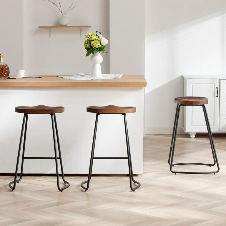 FIRAVOE Wood Saddle Bar Stools Set of 3, 26" Backless Barstool with Footrest for Kitchen Island | Walmart (US)