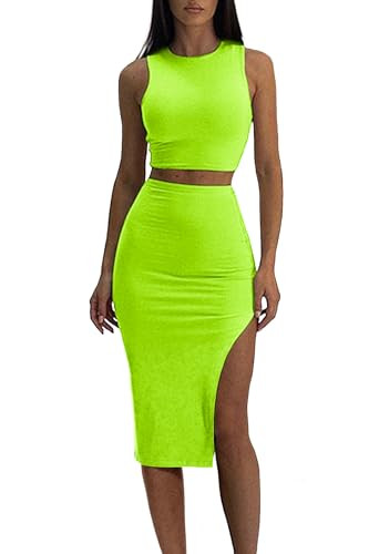 ELLEVEN Women's Two Piece Outfits Skirts Sets Going Out Summer Sexy 2 Piece Knit Round Neck Tank Top Slim Crop Top and Midi Dress with Side Slit High Stretchy Club Dressy Bodycon Neon Green Large | Amazon (US)
