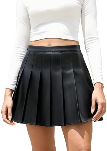 Easisim Womens Faux Leather Mini Skirt High Waisted A-line Skater Short Pleated Skirts | Amazon (US)