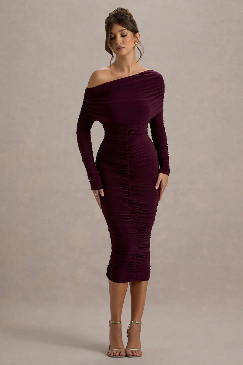 Sinclair  Plum Ruched One-Shoulder Bodycon Midi Dress | Club L London